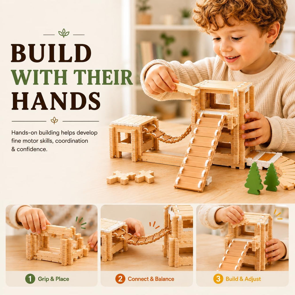 Jovi-Mindly & Notchies 96 PCS Wooden Building Blocks Toy Set for Kids Ages 4+ Boys Girls, Creative Construction Imaginative Cabin House with Storage Bag STEM Educational Learning Toy for Birthday Gift