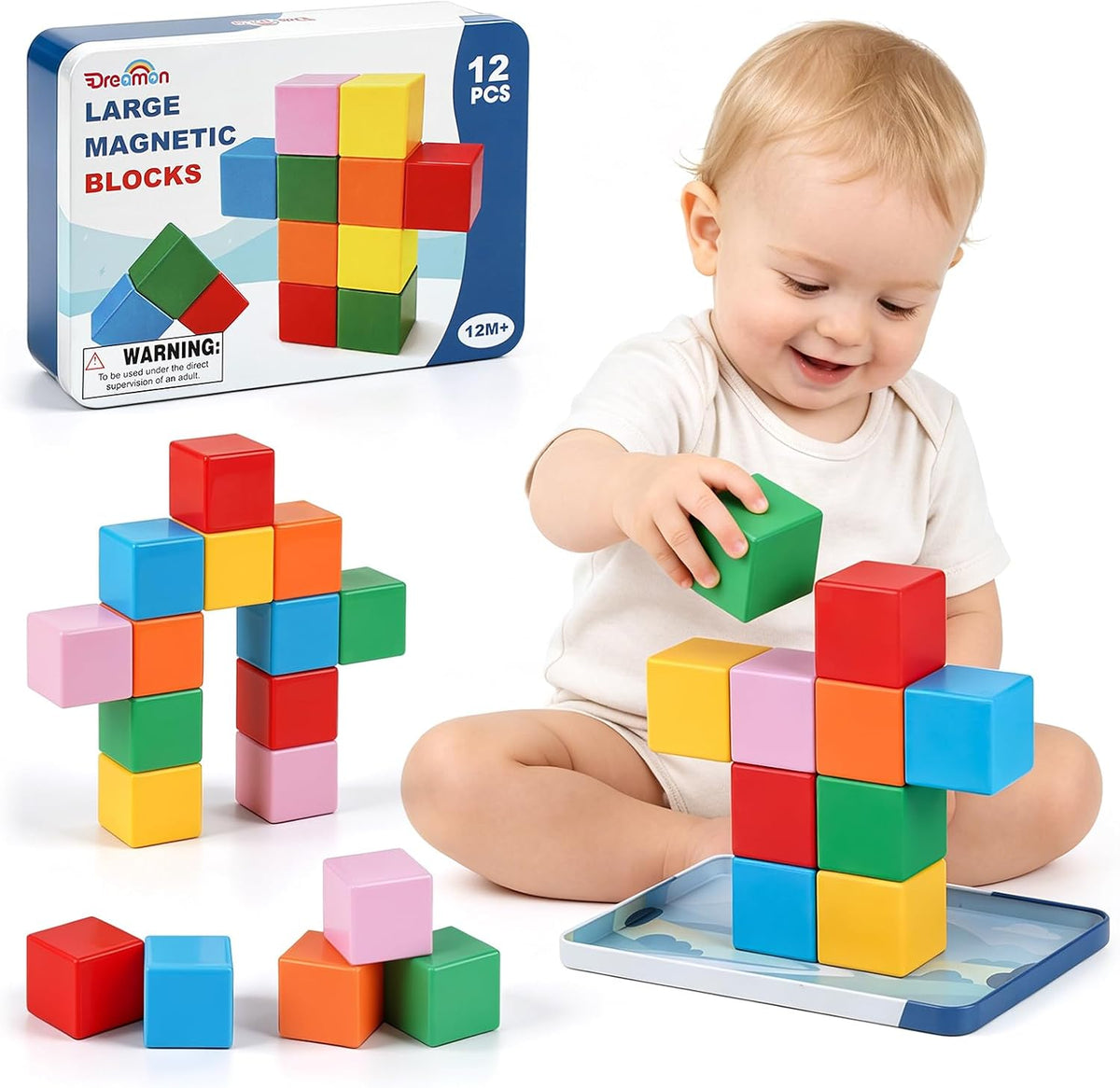 Magnetic Blocks Large with Metal Box, 1.65in Toddler Magnet Building Cubes