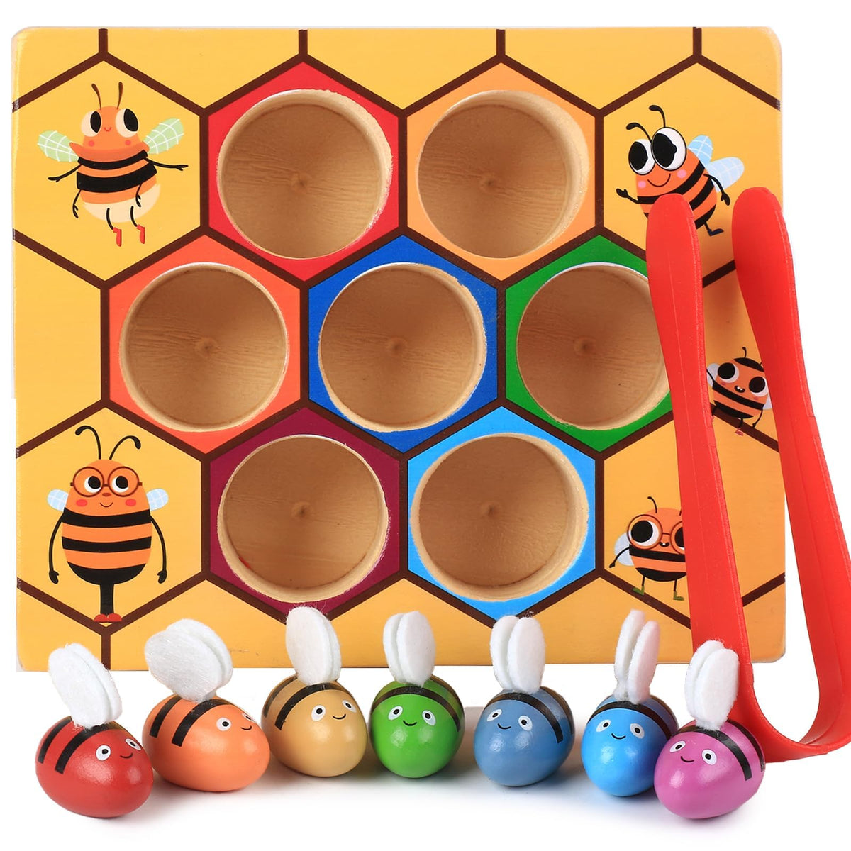 Toddler Fine Motor Skill Toy, Bee to Hive Matching Game, Montessori Wooden Color Sorting Matching Toy, Preschool Educational Learning Toys Gift for Toddler 3 Years Old
