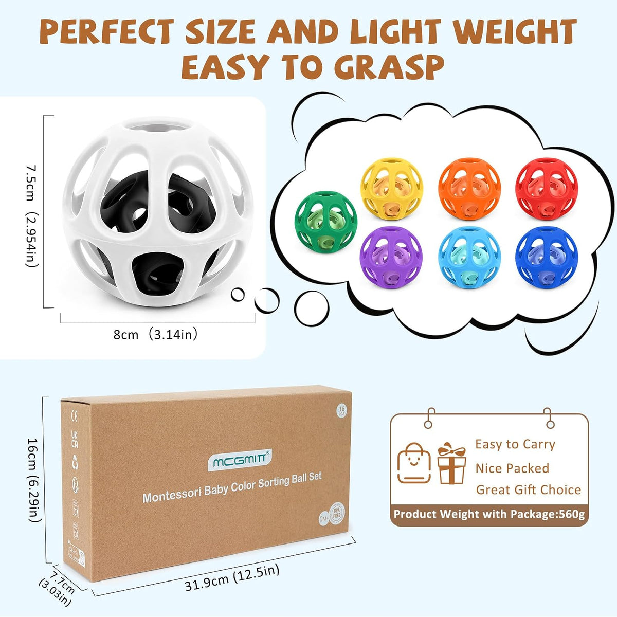 MCGMITT Baby Ball Toy with Holes, 8PCS Easy Grip Food Grade Silicone Baby Toys 0-6 Months, Colorful Soft BPA Free Montessori Baby Teethers 6-12 Months, Stretchy Newborn Infant Sensory Balls