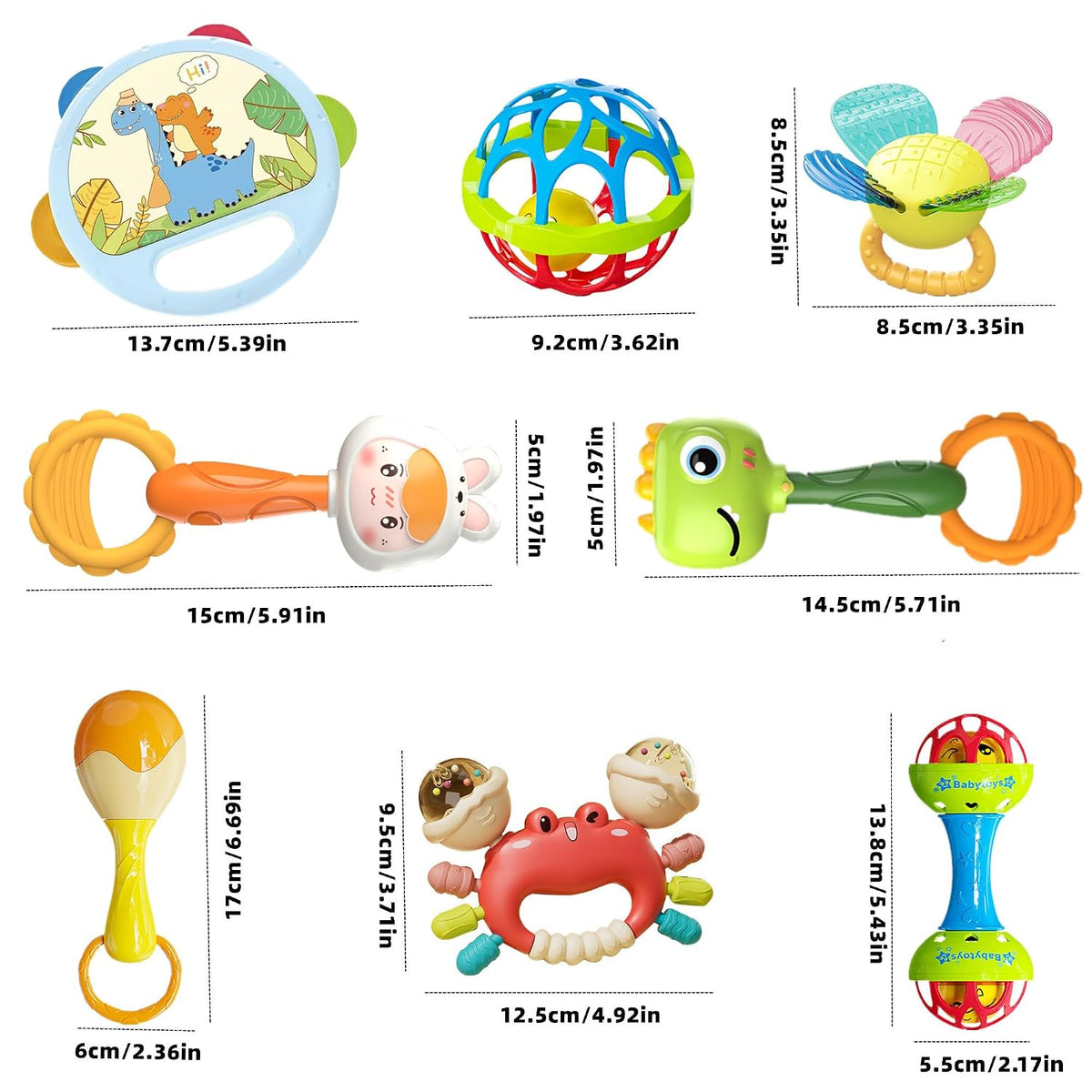 Baby Rattles Set of 8, BPA-Free Toys for 3+ Months, Easy Grasp Teether
