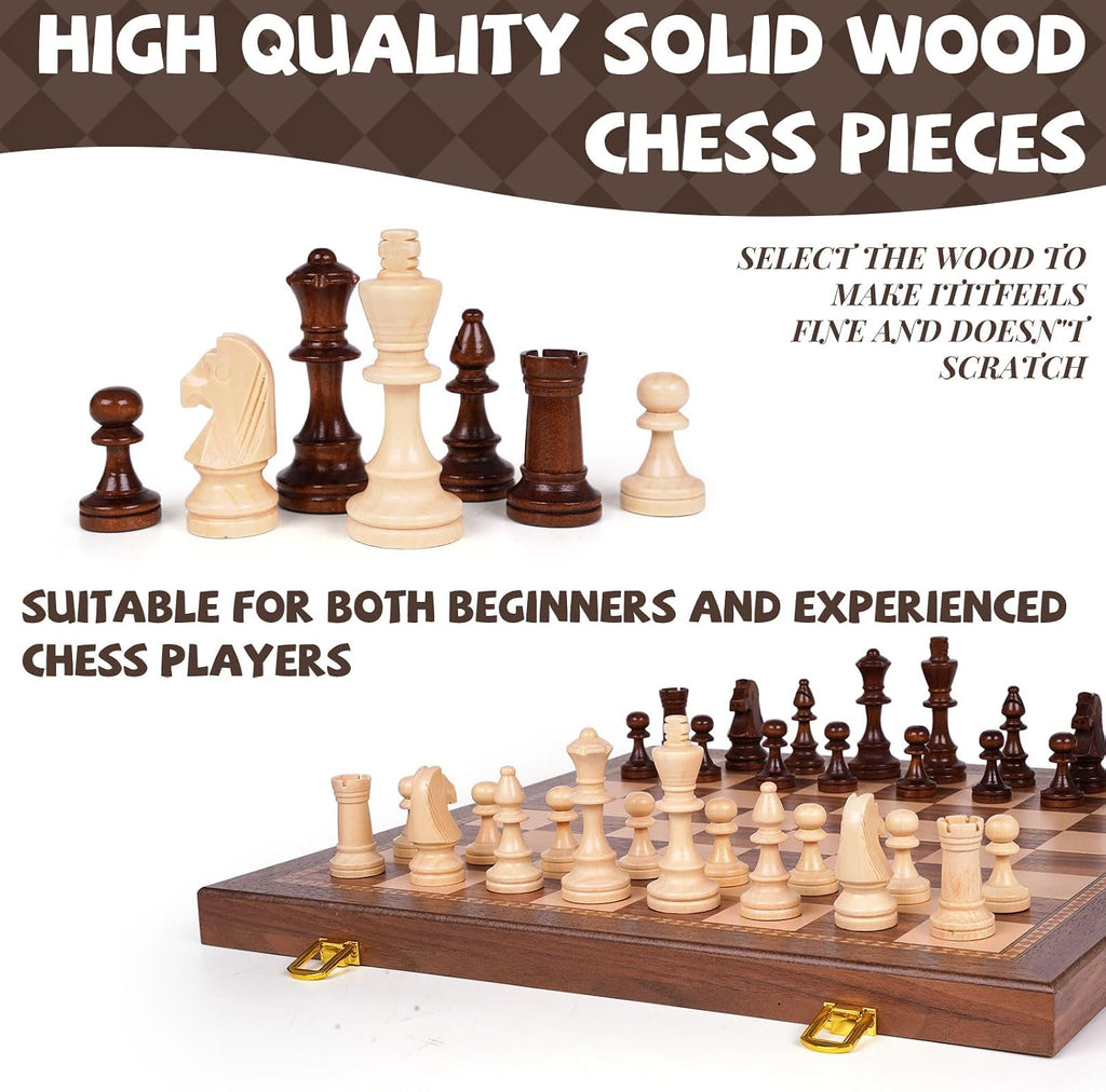 15 Inch Magnetic Chess Set with Wooden Folding Board, Staunton Chess Pieces, 2 Extra Queens Included, Portable Travel Chess Set, Classic Strategy Board Game for Adults (Walnut)