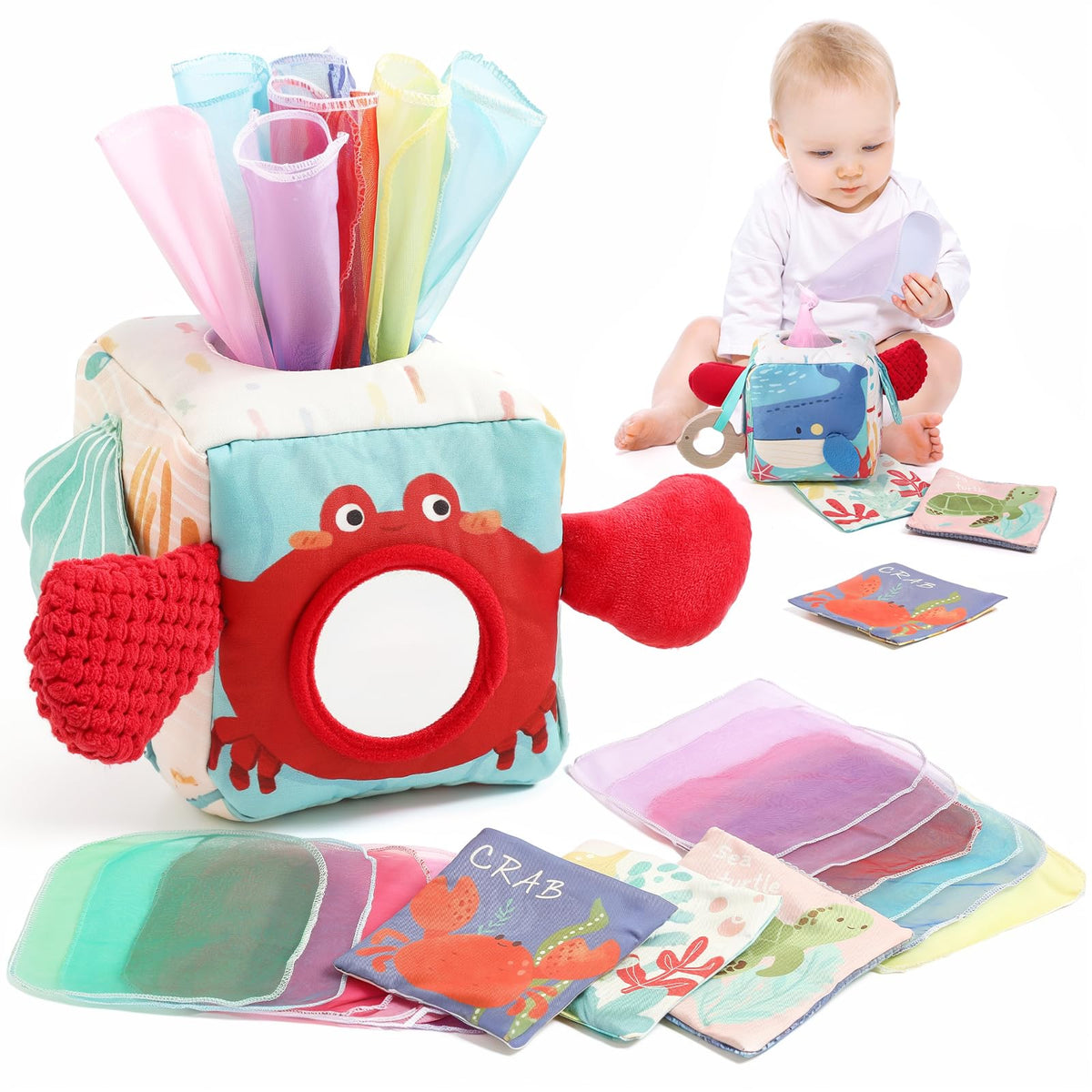 Youuys Baby Tissue Box Toy for Babies 6-12 Months, Montessori Sensory Toys for 1 Year Old Boy, Infant Toy with Crinkle Tissues & Fine Motor, for 6 9 12 18 Months Old Kids 1st Birthday