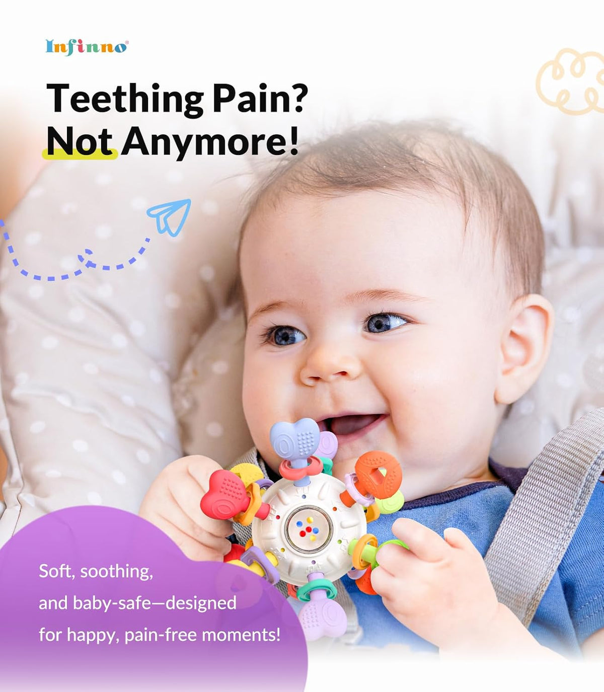 Infinno Montessori Silicone Teething Toys with Rattle, Babies 0-12 Months