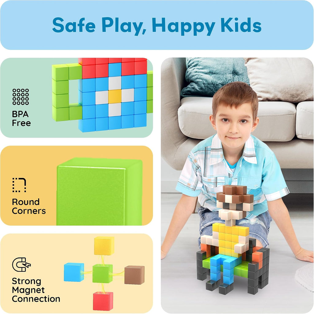 PicassoTiles 108 Piece Magnetic Cubes, 1 Inch STEM Building Set for Kids 3+