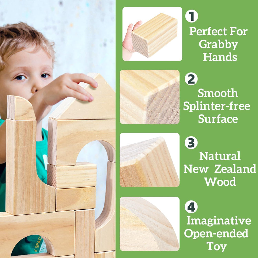 Large Wood Building Blocks with Wooden Storage Tray, 64-Piece Hardwood Sorting & Stacking Toys for Building & Balancing, Educational Preschool Learning Toys for 3+ Year Old Boy and Girl Gifts