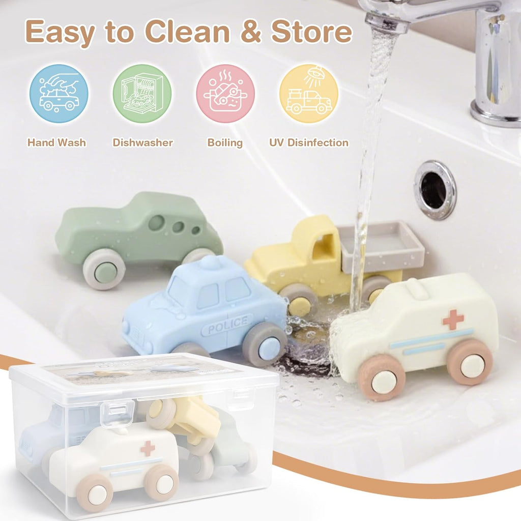 Silicone Baby Car Toys with Storage Box, Push & Pull Baby Toys（4 PCS）
