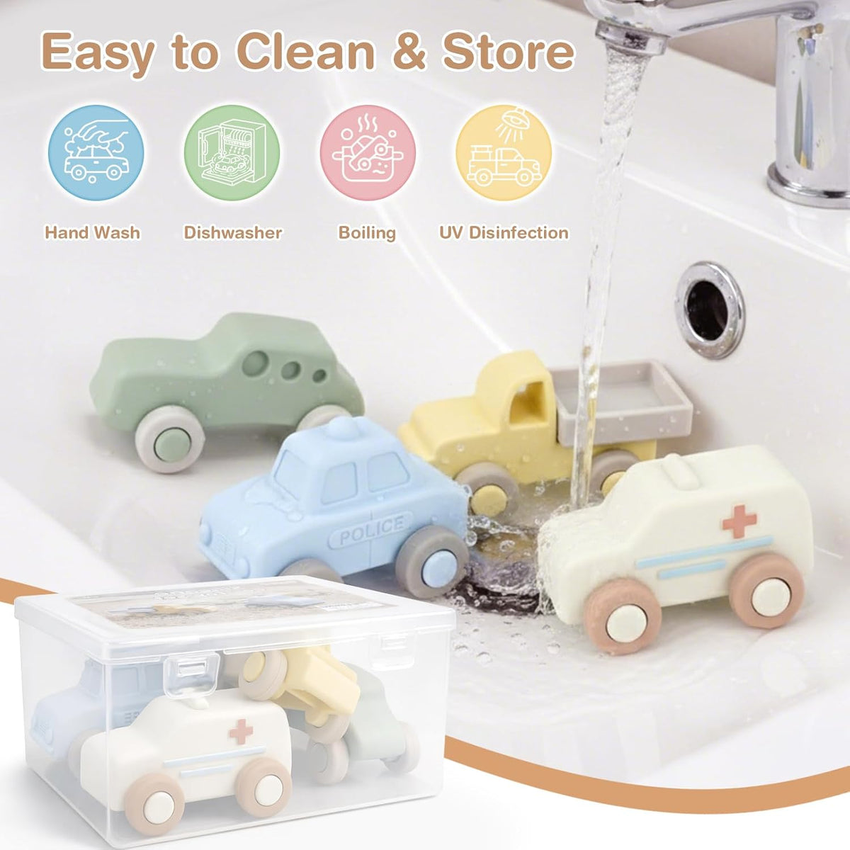 Silicone Baby Car Toys with Storage Box, Push & Pull Baby Toys（4 PCS）