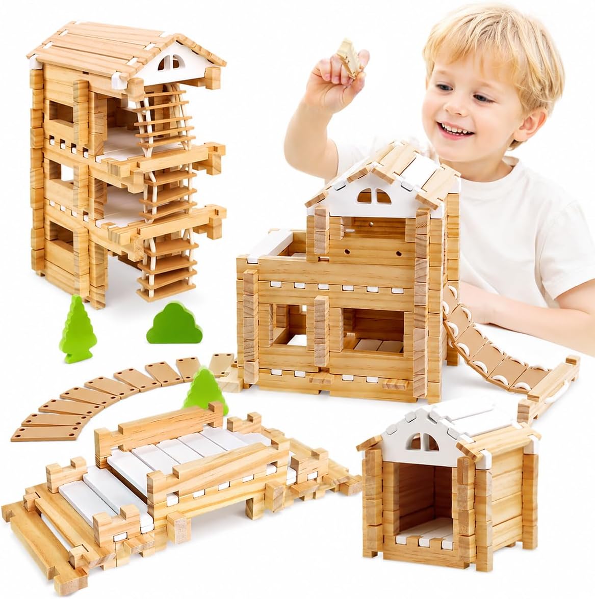 Jovi-Mindly & Notchies 96 PCS Wooden Building Blocks Toy Set for Kids Ages 4+ Boys Girls, Creative Construction Imaginative Cabin House with Storage Bag STEM Educational Learning Toy for Birthday Gift