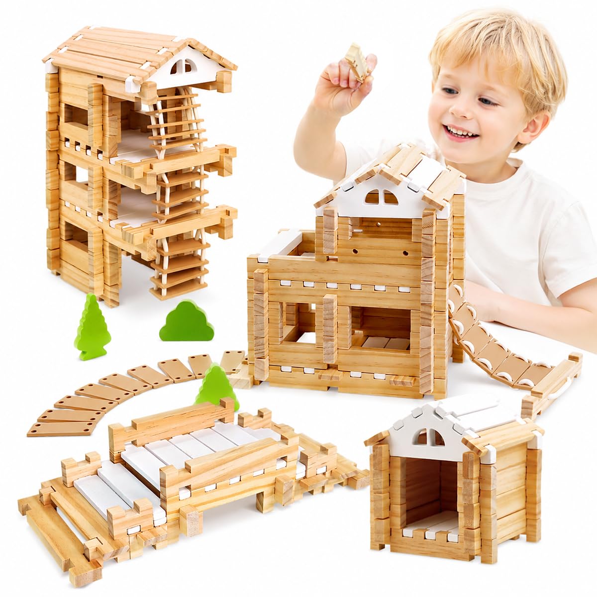 Jovi-Mindly & Notchies 96 PCS Wooden Building Blocks Toy Set for Kids Ages 4+ Boys Girls, Creative Construction Imaginative Cabin House with Storage Bag STEM Educational Learning Toy for Birthday Gift
