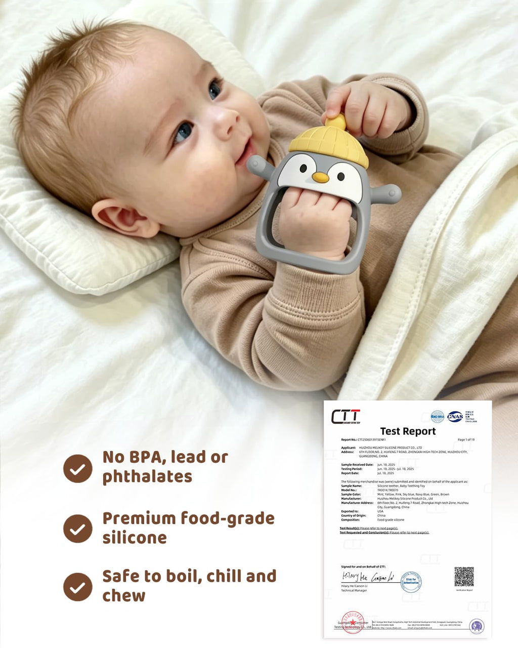 ChooKaChoo Penguin Baby Teething Toys for 3-12 Months, Silicone Teething Mitten with Pacifier-Shaped Chew Arms, Wearable No-Drop Hand Teether for Teething Relief, BPA Free (2 Pack)