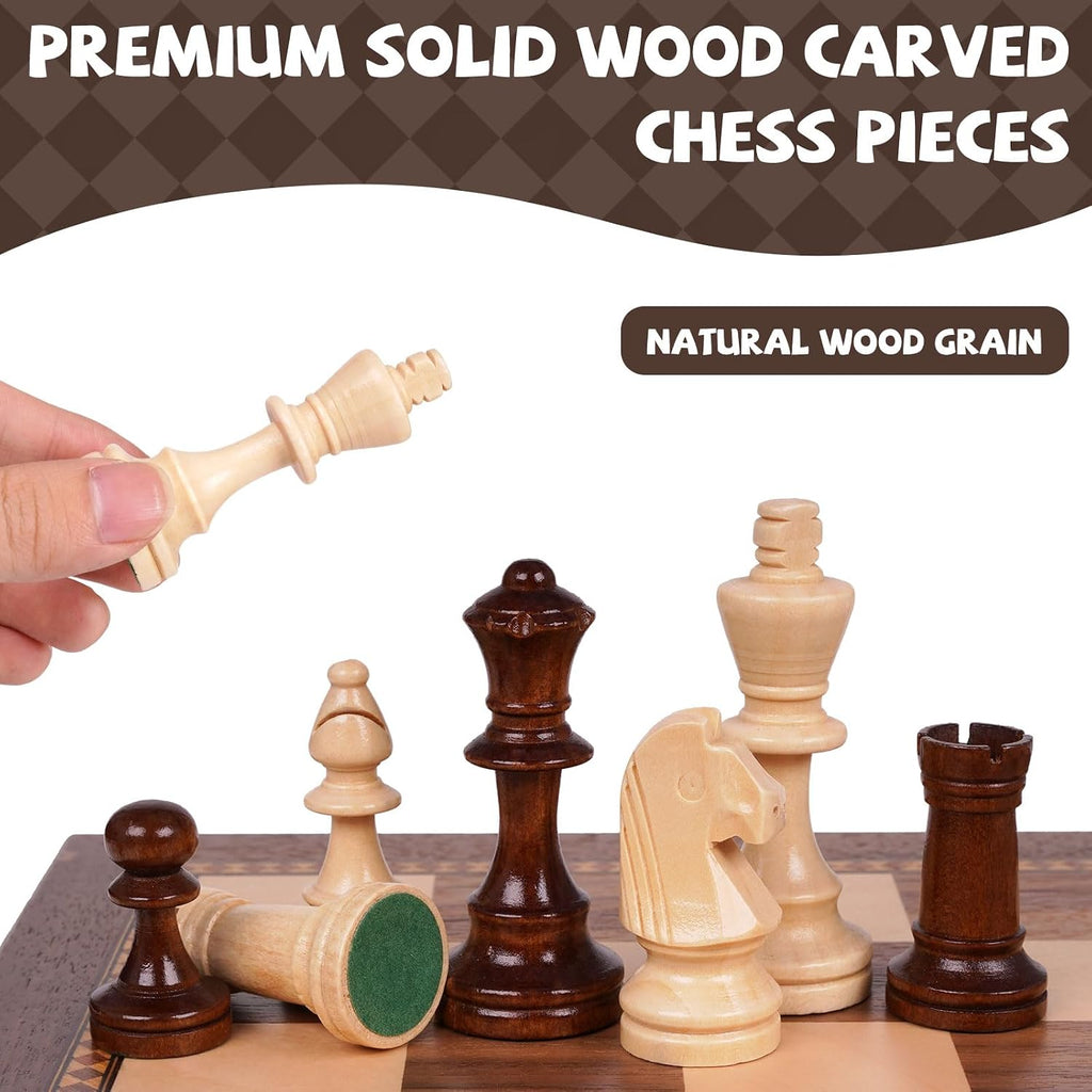 15 Inch Magnetic Chess Set with Wooden Folding Board, Staunton Chess Pieces, 2 Extra Queens Included, Portable Travel Chess Set, Classic Strategy Board Game for Adults (Walnut)