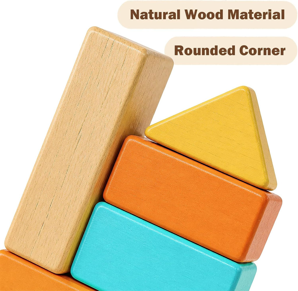 100pcs Wooden Blocks for Toddlers 1-3, with Storage Bucket
