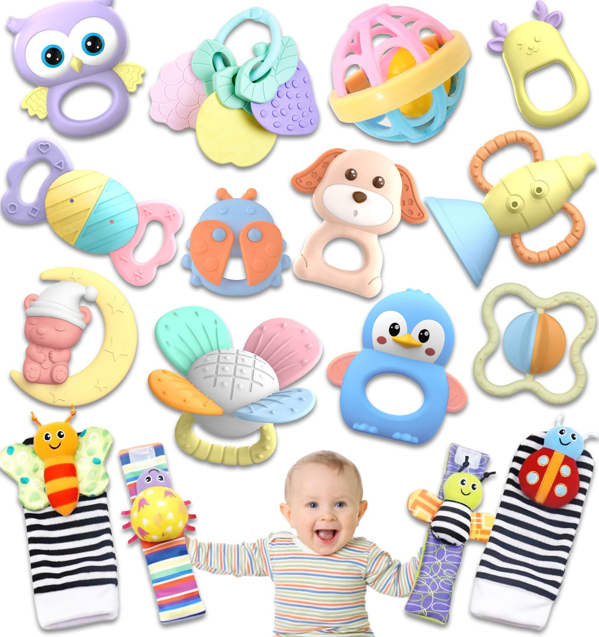 AZEN 16 Pack Baby Rattles Teething Toys 3-6 Months, Baby Toys 0-6 Months, Newborn Infant Toys 6-12 Months, Essentials Must Haves Wrist Socks Toddler Stocking Stuffers Christmas Gifts