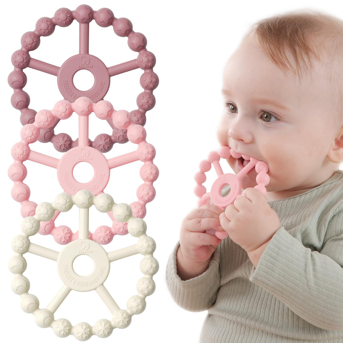 3 Pack Ring Teether Baby Infant Toys, Silicone Teething Ring Toys for Babies 0-6 Months, Seposeve Baby Teethers 6-12 Months 12-24 Months, Easy to Grasp Toy, Teething Relief, Light Purple Green Blue