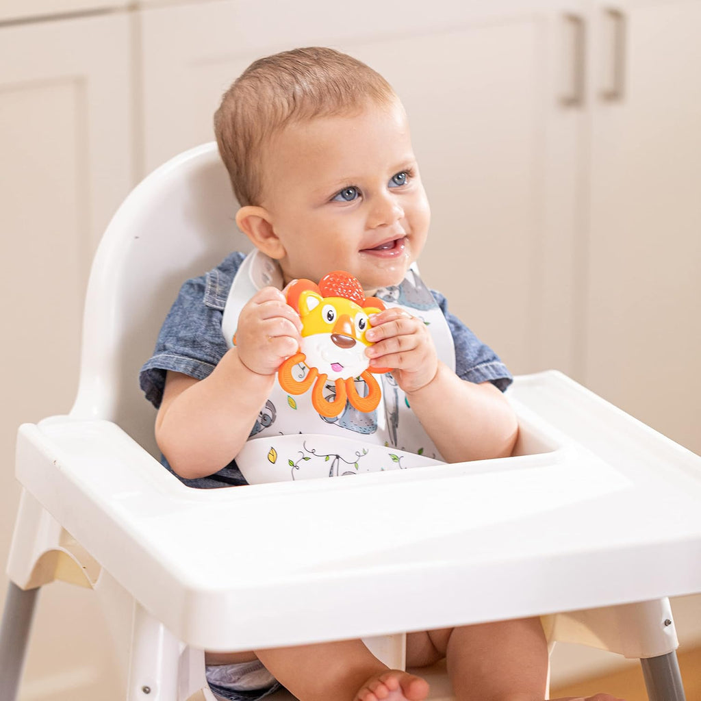 Nuby Vibe-eez Vibrating Teether - Battery Powered - Textured Surface and Easy to Grasp Toy for Baby Teething Relief - 3+ Months - Lion