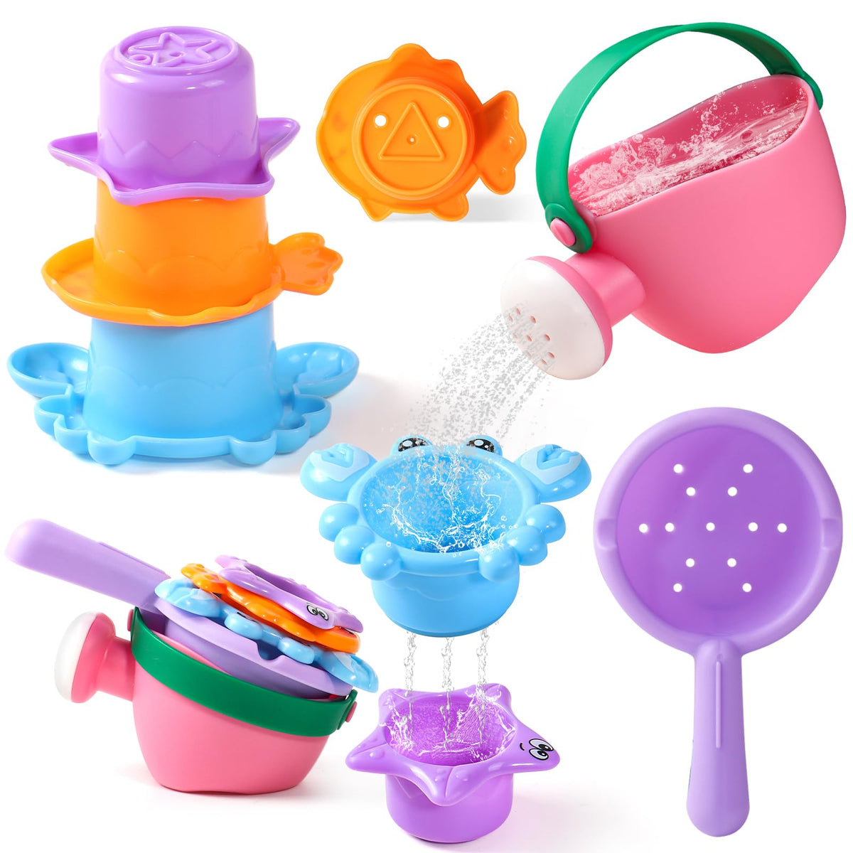 Fajiabao Toddler Bath Toys for Kids Ages 1-3 Stack, Scoop & Pour Set 5PCS