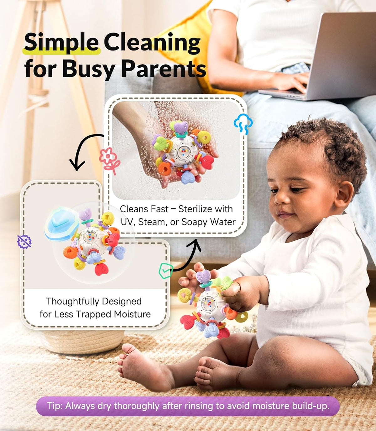 Infinno Montessori Silicone Teething Toys with Rattle, Babies 0-12 Months