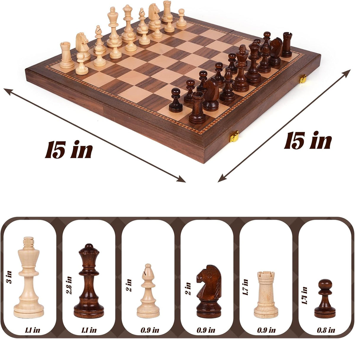 15 Inch Magnetic Chess Set with Wooden Folding Board, Staunton Chess Pieces, 2 Extra Queens Included, Portable Travel Chess Set, Classic Strategy Board Game for Adults (Walnut)