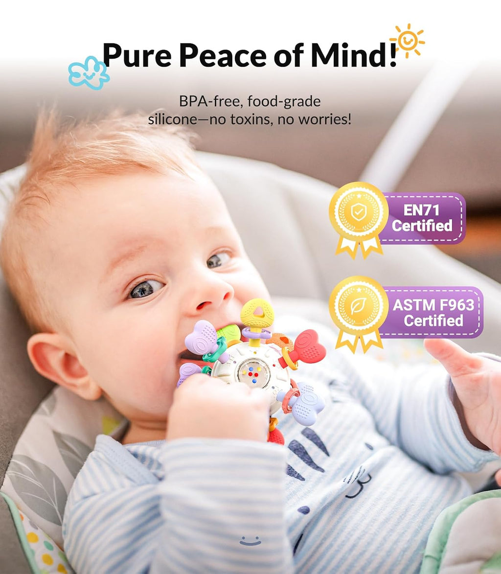 Infinno Montessori Silicone Teething Toys with Rattle, Babies 0-12 Months