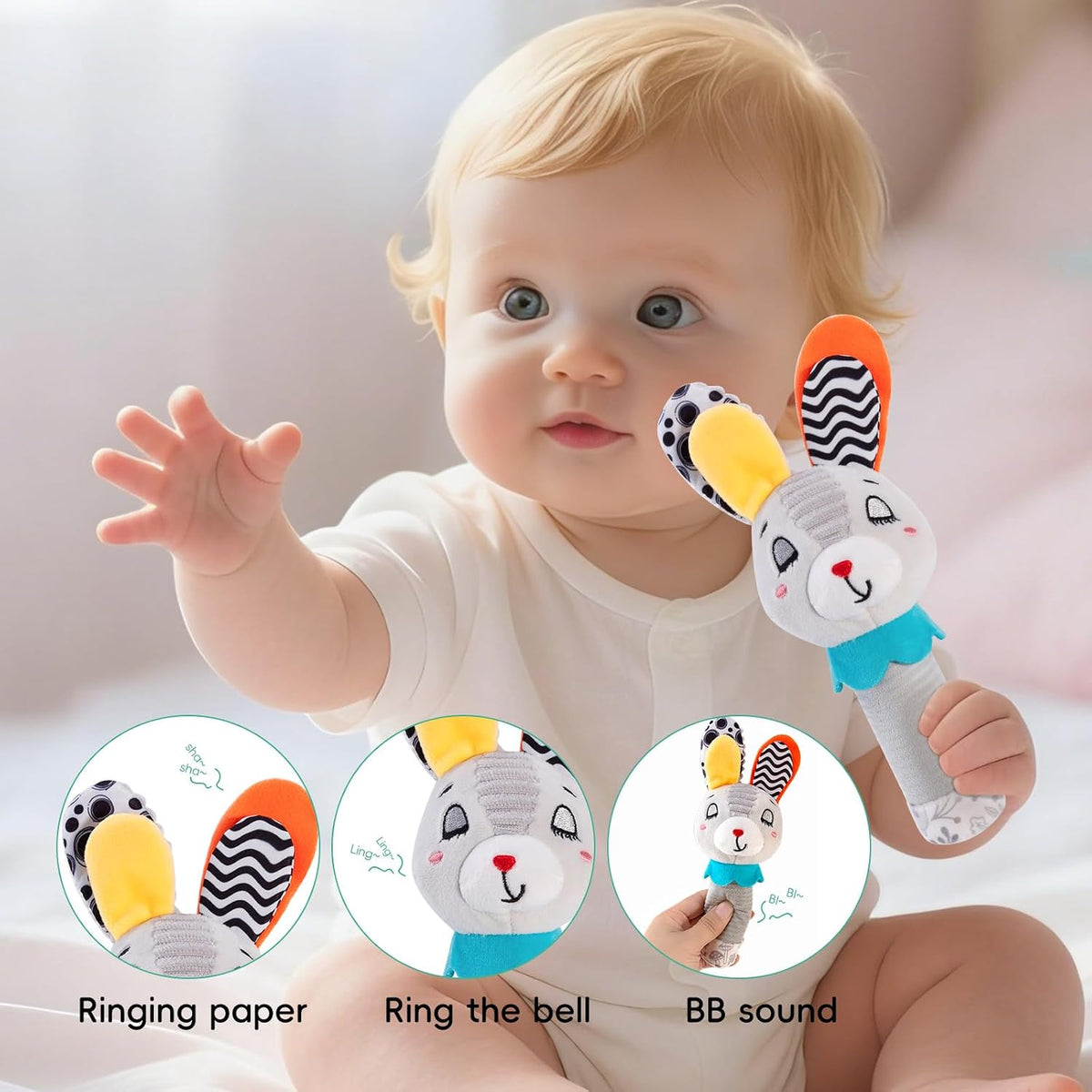 Baby Rattle for Newborns 0-6 Months - Soft Plush Handheld Sensory Toy with Crinkle Sound, Cute Bunny Shaped Grasping Rattle for Infants, Motor Skill Development, Baby Gift (Grey)