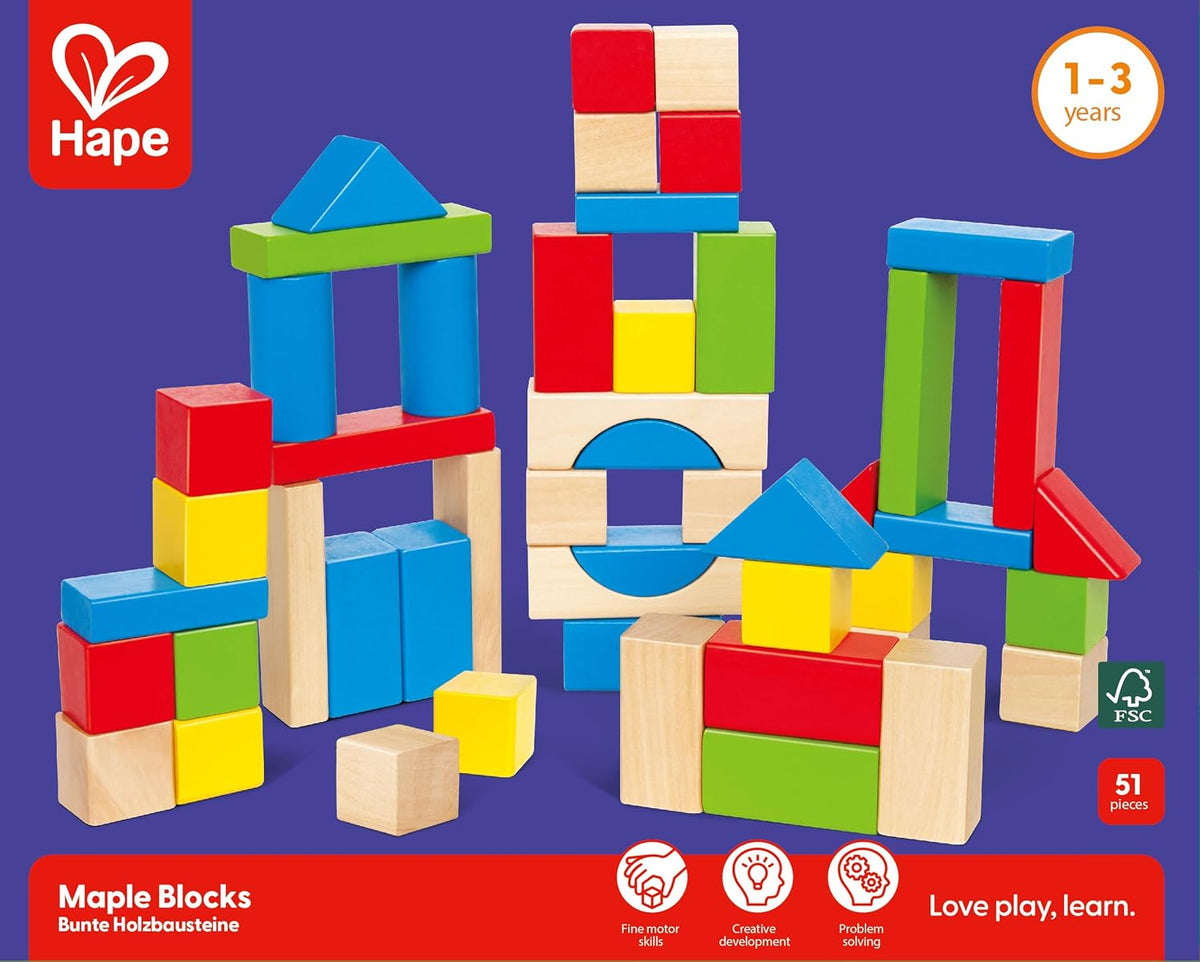 Hape Maple Wood Kids Building Blocks Stacking Wooden Block Educational Toy Set for Toddlers, 50 Brightly Colored Pieces in Assorted Shapes and Sizes