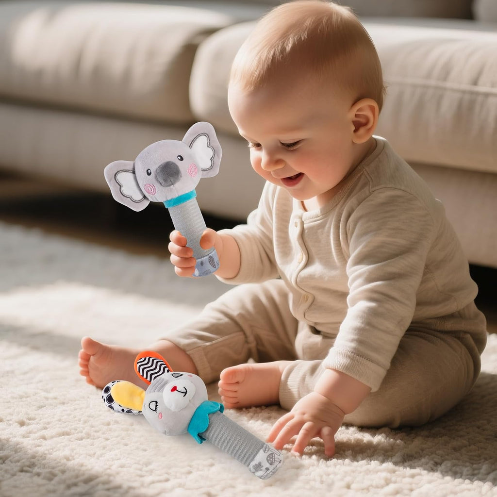 Baby Rattle for Newborns 0-6 Months - Soft Plush Handheld Sensory Toy with Crinkle Sound, Cute Bunny Shaped Grasping Rattle for Infants, Motor Skill Development, Baby Gift (Grey)