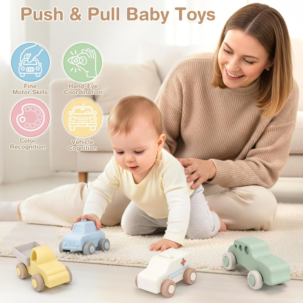 Silicone Baby Car Toys with Storage Box, Push & Pull Baby Toys（4 PCS）