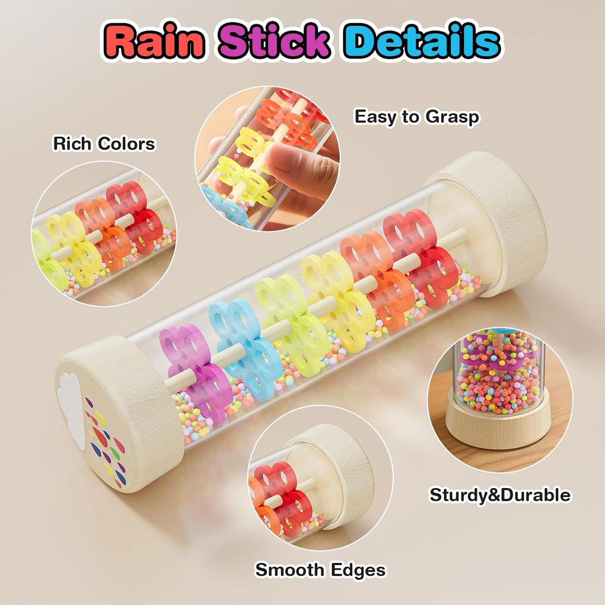 Rain Stick, Montessori Baby Toys for 6-12 Months 1 Year Old, Wooden Rainmaker Baby Rattle Sensory Toys, 7.7” Musical Developmental Toy - Infant Newborn Toddler Toys Gifts for Easter Basket Stuffers
