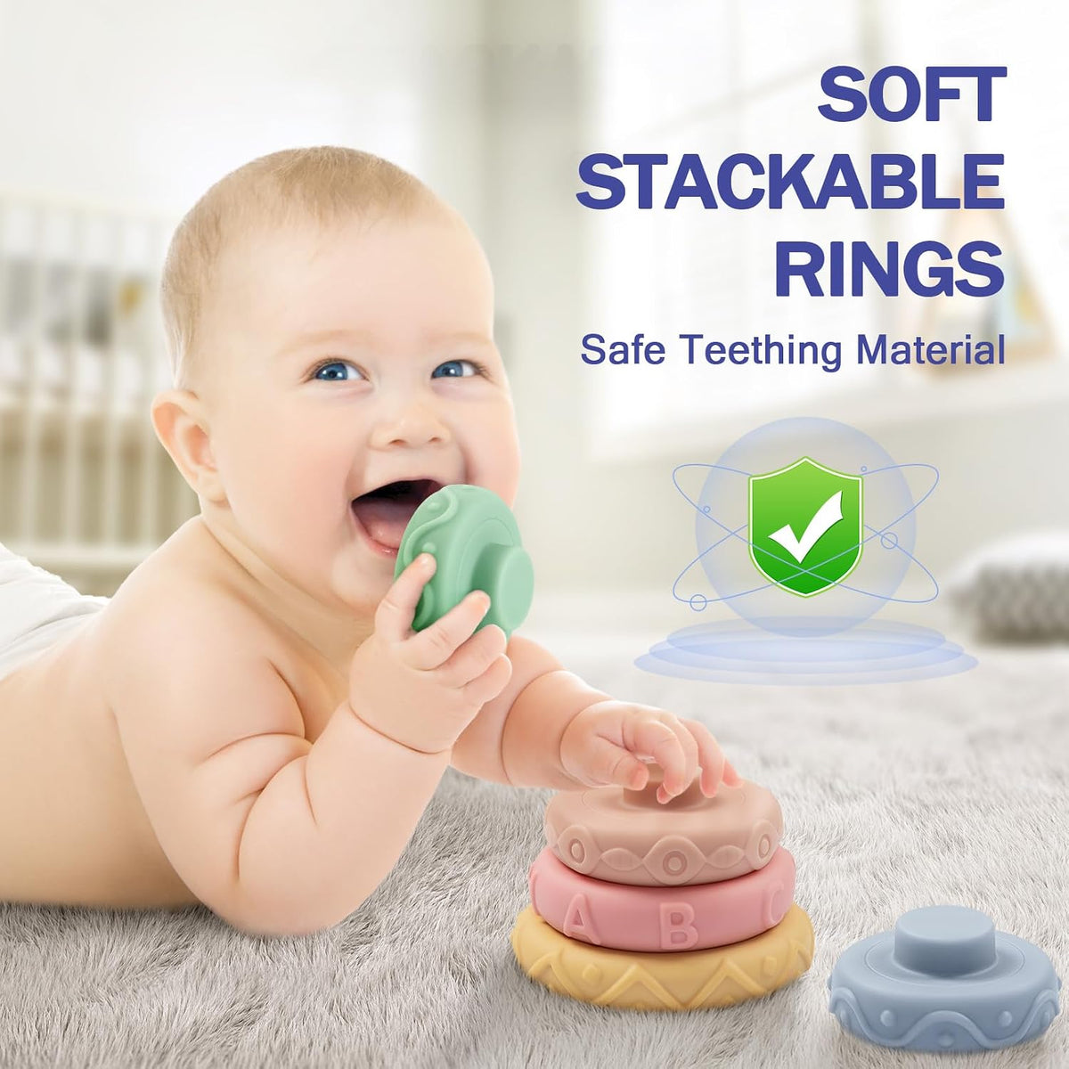 Jyusmile Baby Toys 6-12 Months, Montessori Toy for Babies 6-12 Months, Incl Stacking Building Blocks & Soft Infant Teething Toys & Sensory Balls for Toddlers 0-3-6-9-12 Month