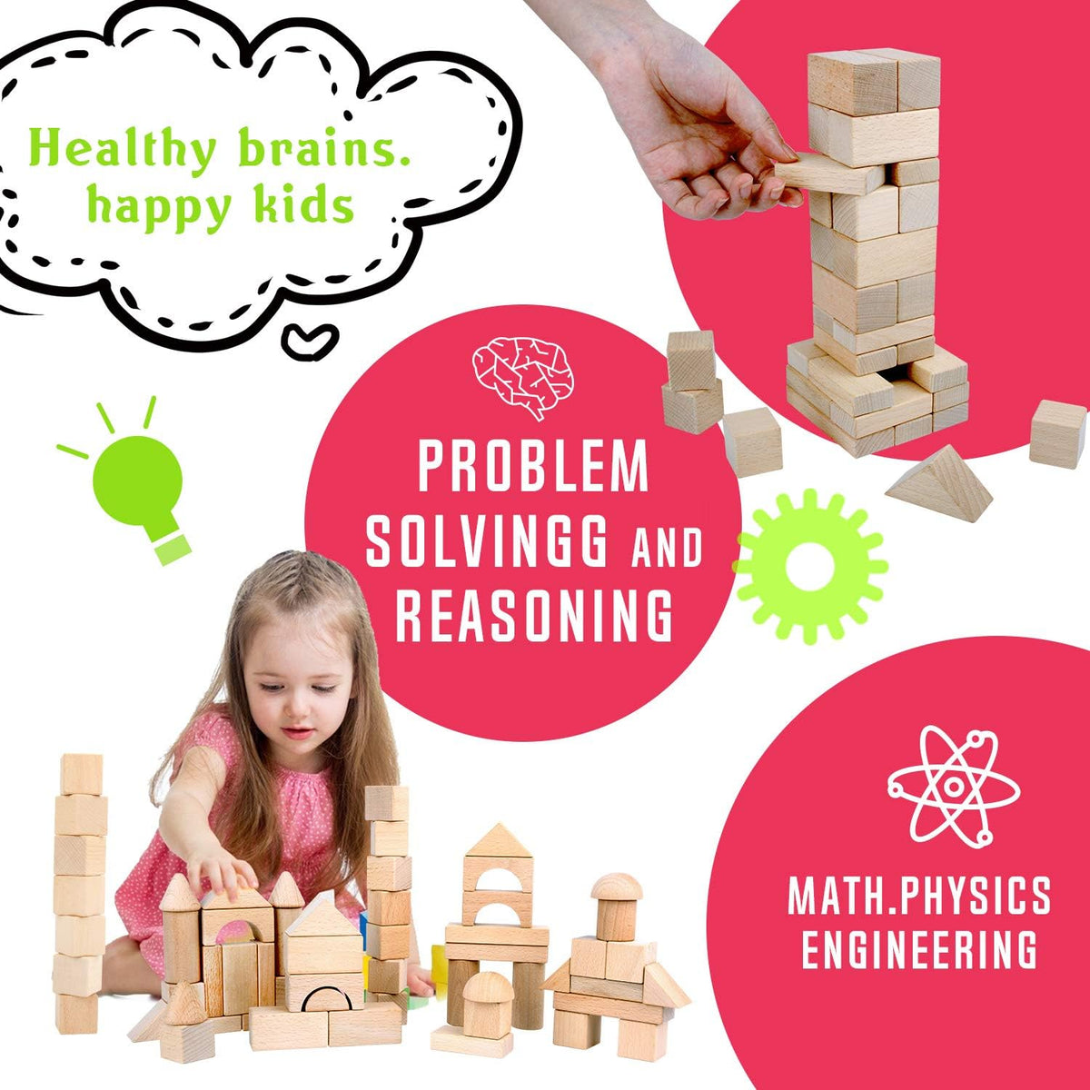 Migargle Kids Wooden Blocks - 80 Pcs - Stacking Building Blocks for Toddlers - Natural Beech Wood Blocks - Preschool Learning Toys for Kids Ages 3+