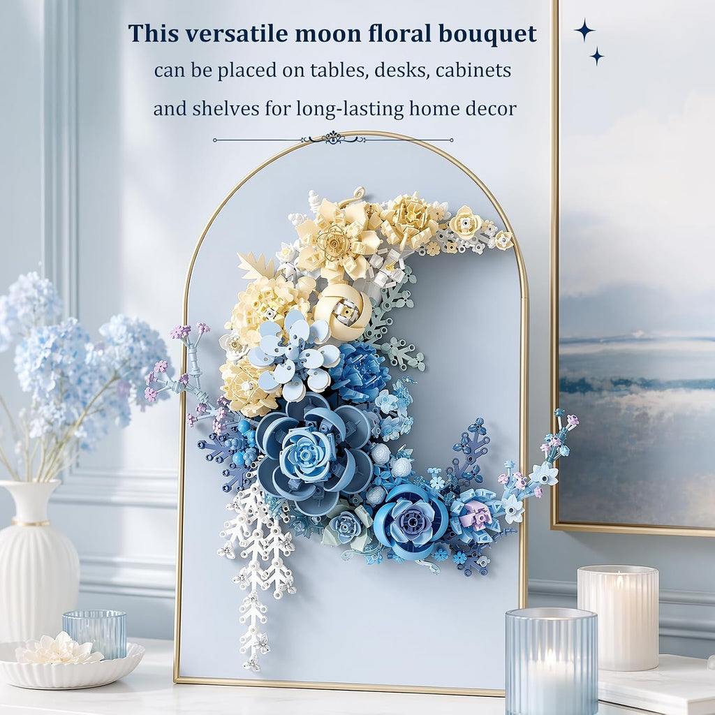 934PCS Blue Moon Flower Building Blocks Kit for Adults, Crescent Moon Botanical Art Display, Artificial Flowers Building Set for Home Décor Wall Art Decoration