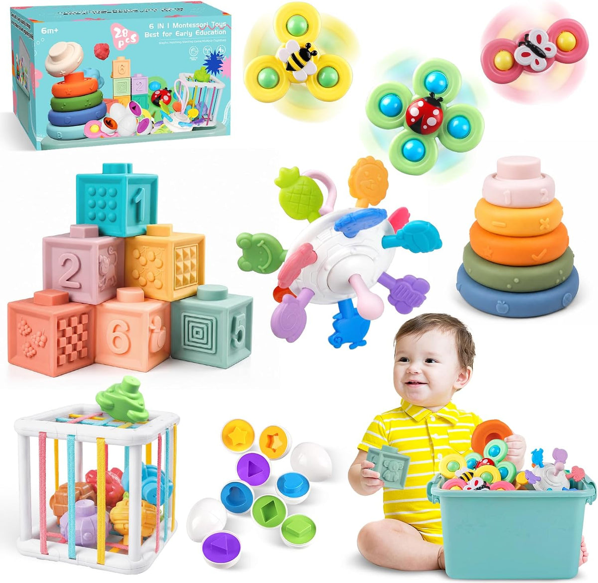 Plunack Montessori Baby Toys 6 in 1 Sensory Developmental Learning Set