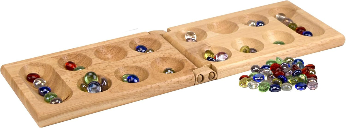 Pressman Mancala Board Game | Fun Classic Table for Adults & Kids | Includes 48 Glass Mancala Stones and Wood Hinged Playing Board | 2 Players, Ages 6+