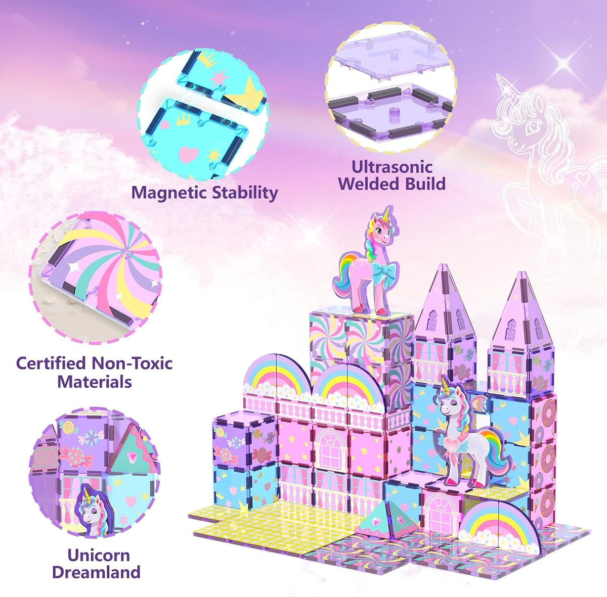 GobiDex Unicorn Toys Magnetic Tiles, Princess Castle Building Set for Girls