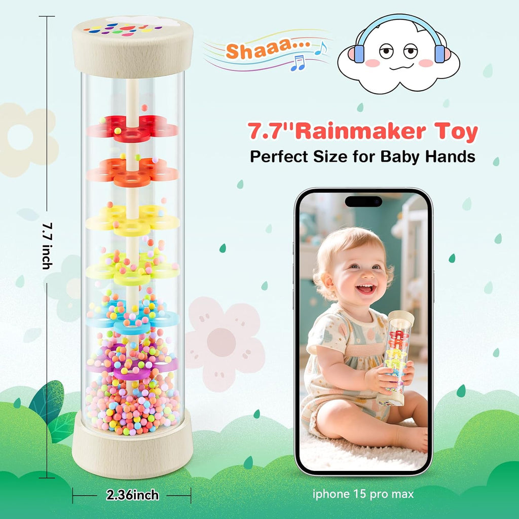 Rain Stick, Montessori Baby Toys for 6-12 Months 1 Year Old, Wooden Rainmaker Baby Rattle Sensory Toys, 7.7” Musical Developmental Toy - Infant Newborn Toddler Toys Gifts for Easter Basket Stuffers
