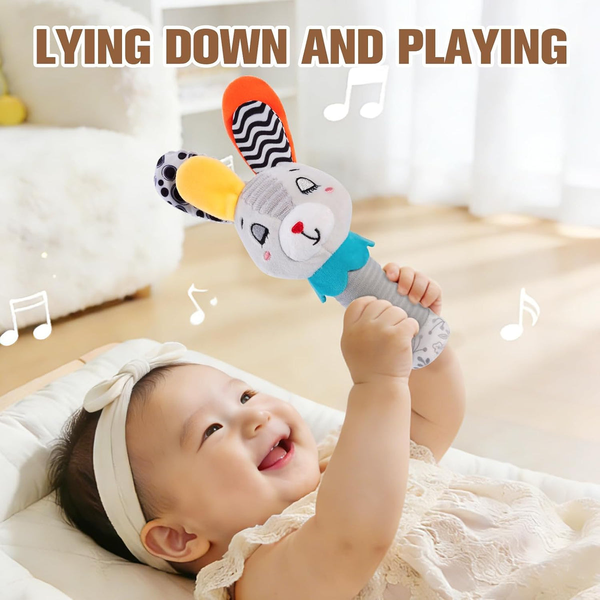 Baby Rattle for Newborns 0-6 Months - Soft Plush Handheld Sensory Toy with Crinkle Sound, Cute Bunny Shaped Grasping Rattle for Infants, Motor Skill Development, Baby Gift (Grey)