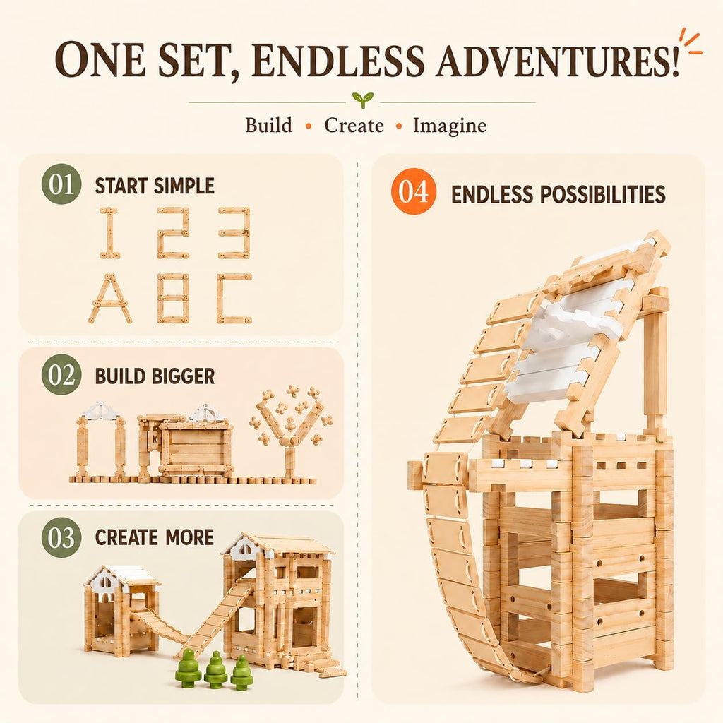 Jovi-Mindly & Notchies 96 PCS Wooden Building Blocks Toy Set for Kids Ages 4+ Boys Girls, Creative Construction Imaginative Cabin House with Storage Bag STEM Educational Learning Toy for Birthday Gift