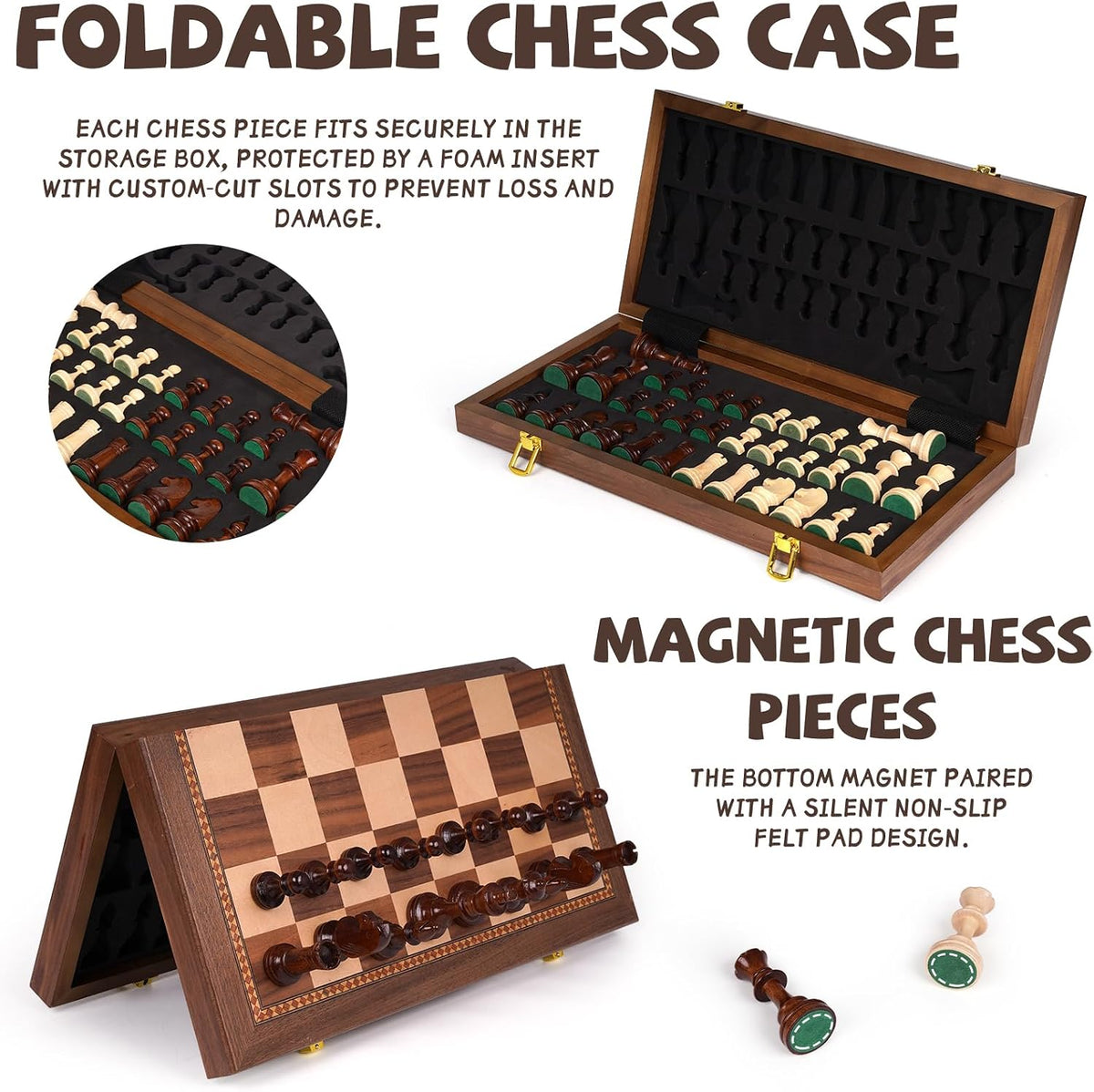 15 Inch Magnetic Chess Set with Wooden Folding Board, Staunton Chess Pieces, 2 Extra Queens Included, Portable Travel Chess Set, Classic Strategy Board Game for Adults (Walnut)
