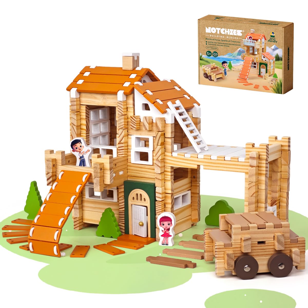Jovi-Mindly & Notchies 96 PCS Wooden Building Blocks Toy Set for Kids Ages 4+ Boys Girls, Creative Construction Imaginative Cabin House with Storage Bag STEM Educational Learning Toy for Birthday Gift