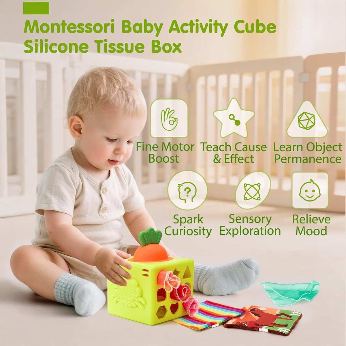 hahaland Silicone Baby Tissue Box Toy - Montessori Baby Toys 6-12 Months