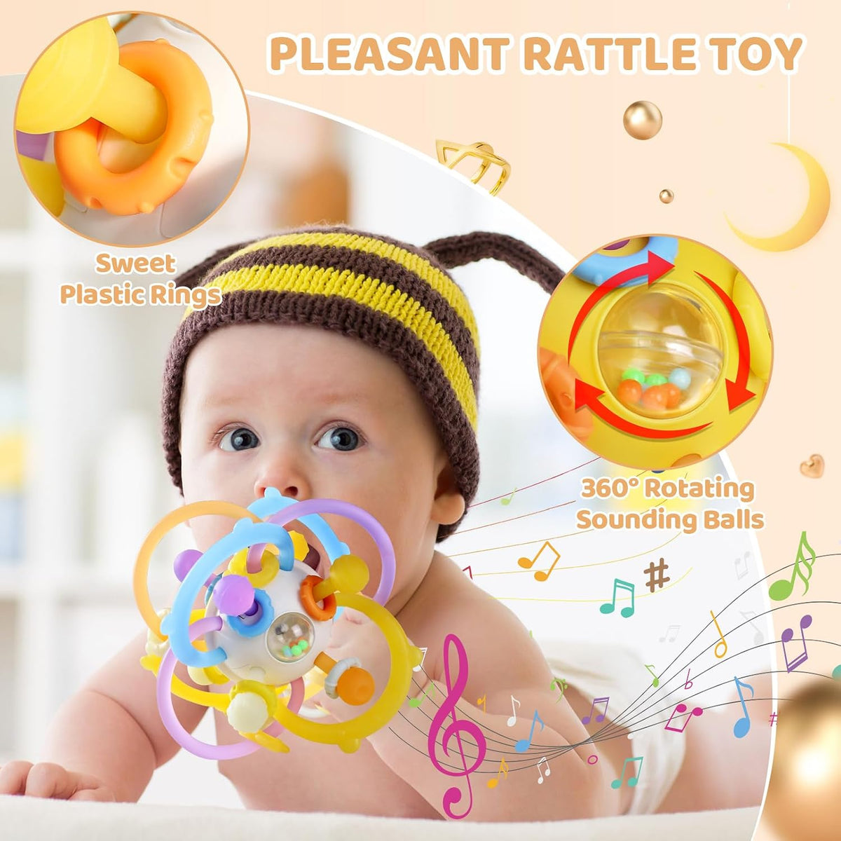 Baby Rattle Ball Teething Toys for 0 3 6 9 12 18 Months Boys Girls, Yellow