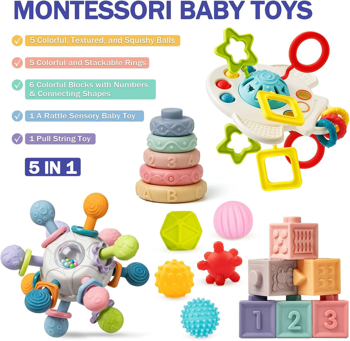 Baby Toys 6 to 12 Months, 5 In 1 Montessori Toys for 1 Year Old, Incl Travel Pull String Toy & Rattle Teether & Stacking Baby Block & Soft Infant Ring & Sensory Ball for Toddler 0-3-6-9-12 Month