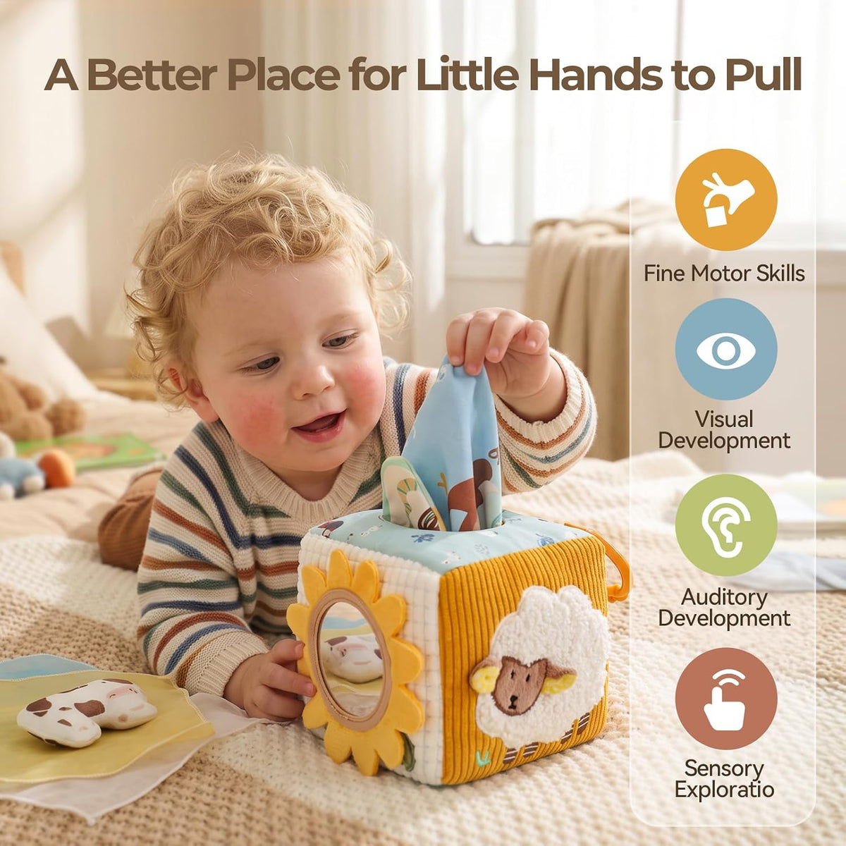 let's make Baby Tissue Box Toy, Farm Montessori Sensory Toys 6-12 Months, Play Silks & Crinkle Tissues with 3D Corduroy, Mirror, Squeaky Cow & Travel Clip - Fine Motor Skills Baby Girl Boy Gifts