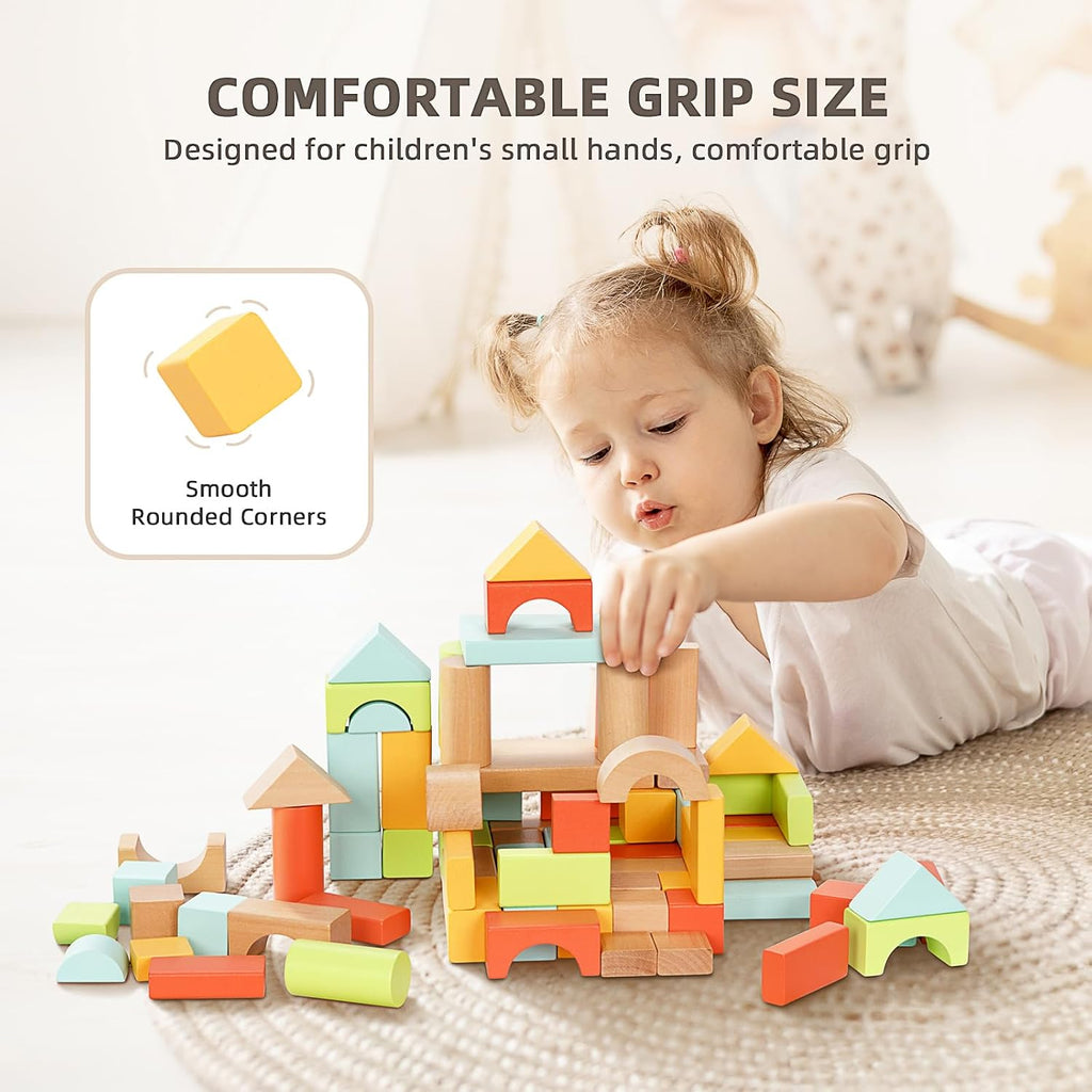 100pcs Wooden Blocks for Toddlers 1-3, with Storage Bucket