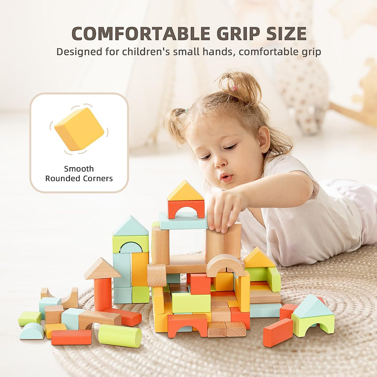 100pcs Wooden Blocks for Toddlers 1-3, with Storage Bucket