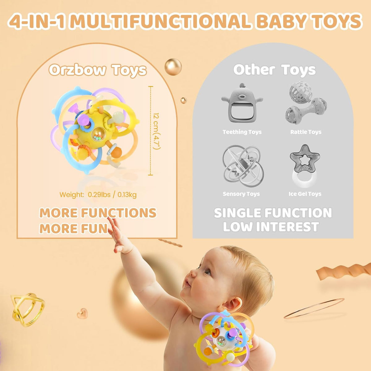 Baby Rattle Ball Teething Toys for 0 3 6 9 12 18 Months Boys Girls, Yellow