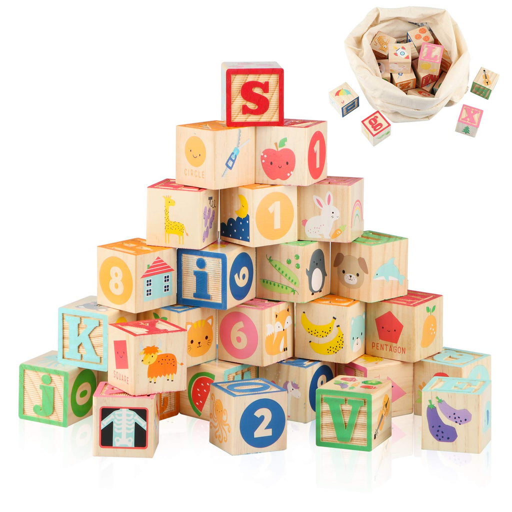 ABC Wooden Building Blocks for Toddlers 1-3 Large, 26 PCS Alphabet & Number Stacking Blocks, Educational Learning Toys for Boys Girls Kids Gifts 1.65''