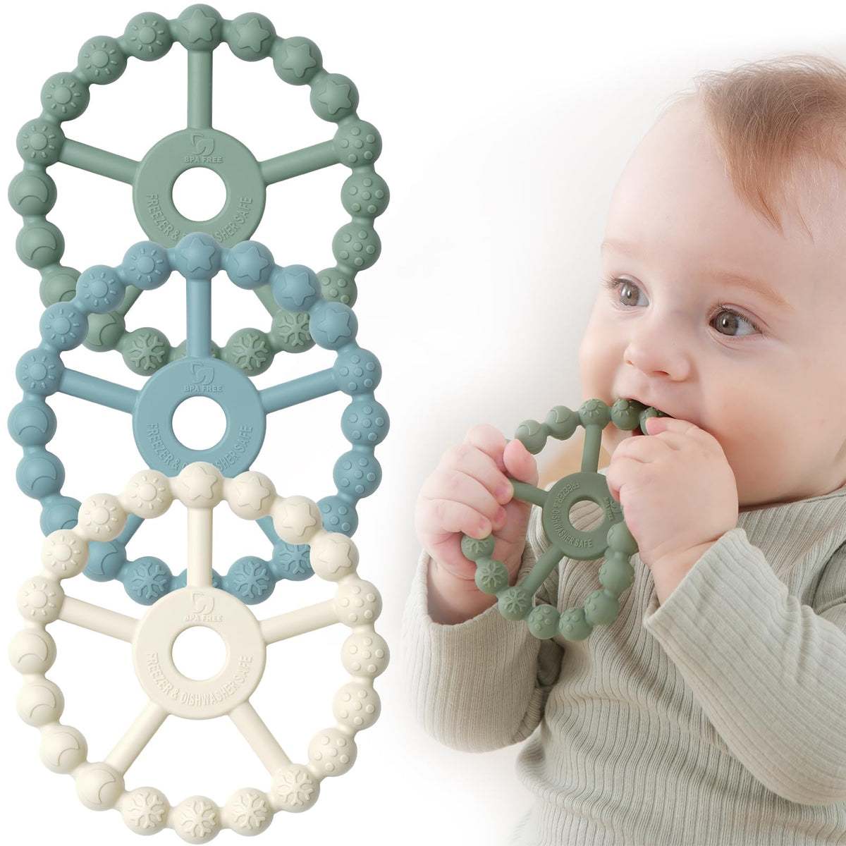 3 Pack Ring Teether Baby Infant Toys, Silicone Teething Ring Toys for Babies 0-6 Months, Seposeve Baby Teethers 6-12 Months 12-24 Months, Easy to Grasp Toy, Teething Relief, Light Purple Green Blue