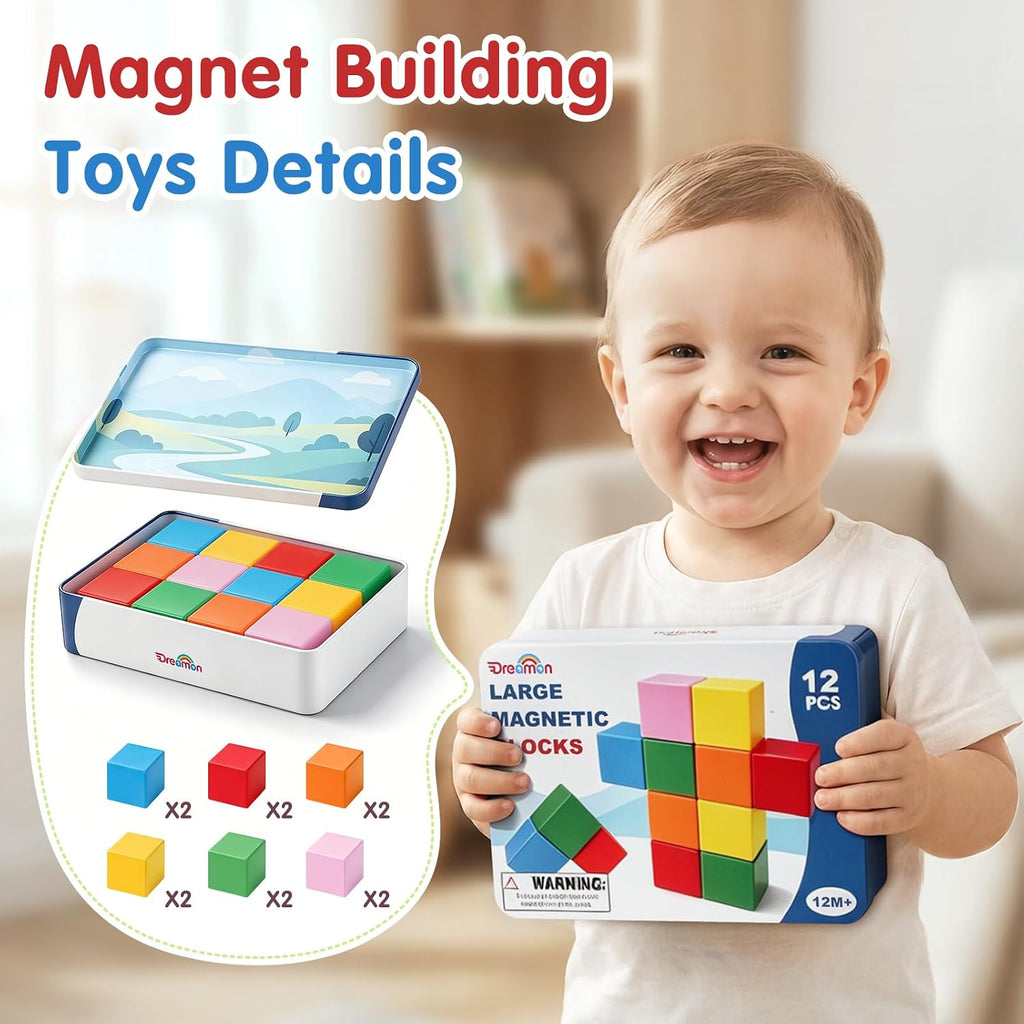 Magnetic Blocks Large with Metal Box, 1.65in Toddler Magnet Building Cubes
